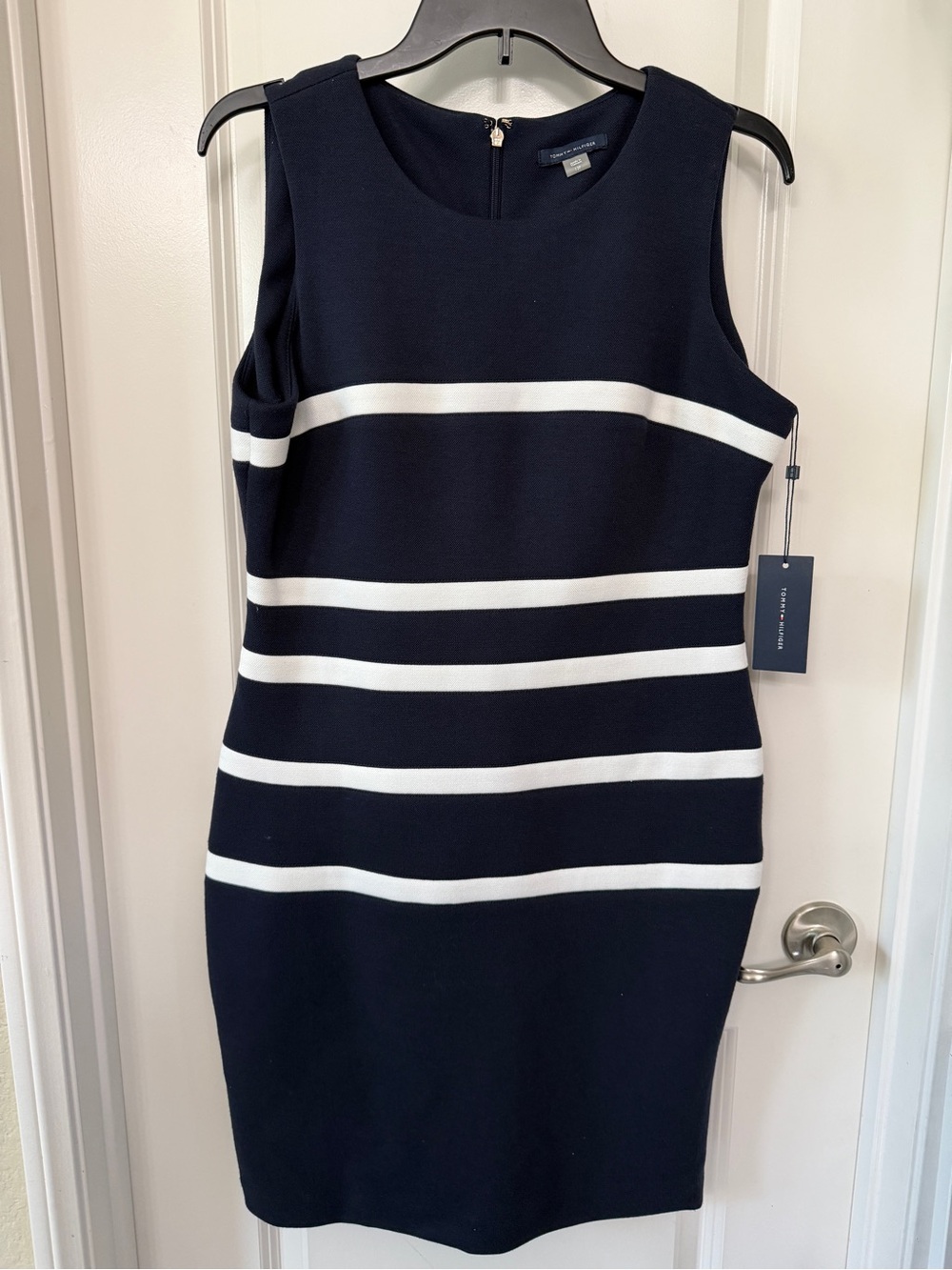 Tommy Hilfiger Navy and White Striped Sleeveless Sheath Dress 12P